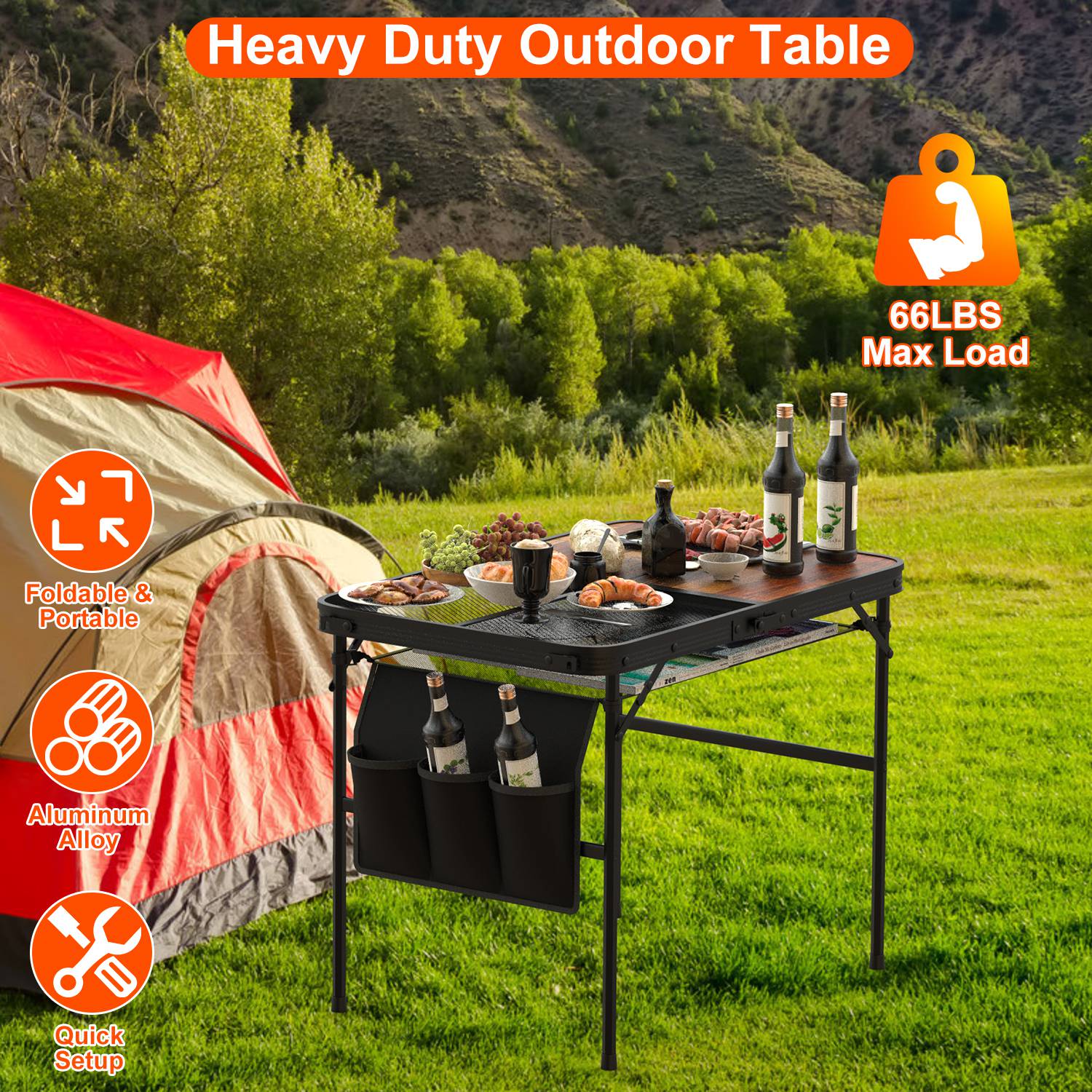 1Pc 35.43x23.62x26in Foldable Camping Table Collapsible Picnic Aluminum Alloy Grill Stand 66LBS Max Load Height Adjustable BBQ Table With Adjustable Height Storage Net