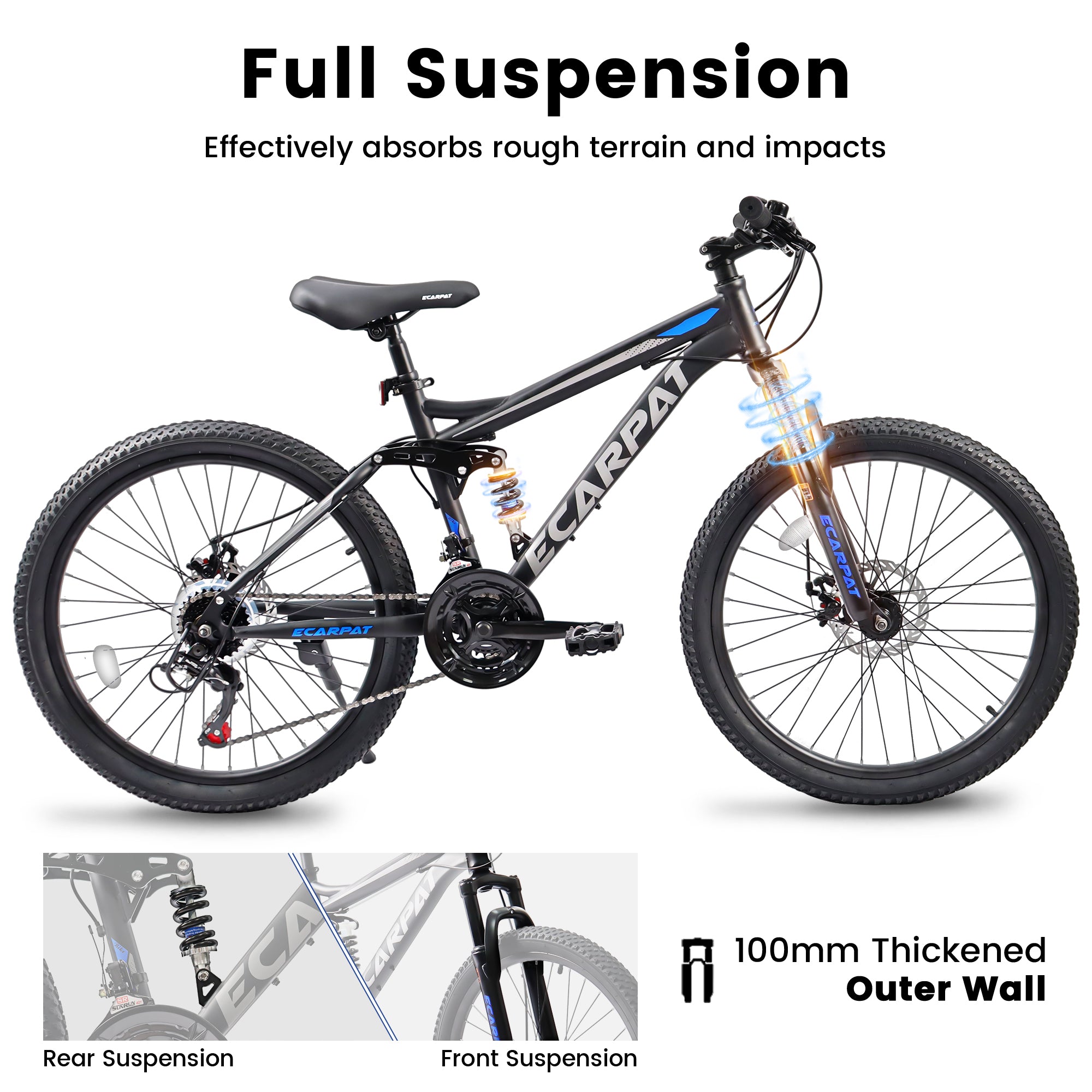 A2760 27.5 Inch Full Suspension Mountain Bike, Front And Rear Dual Shock Absorbers, Mechanical Disc Brakes, 21-Speed, Suitable For Men And Women, Ideal For Travel And Fitness Enthusiasts