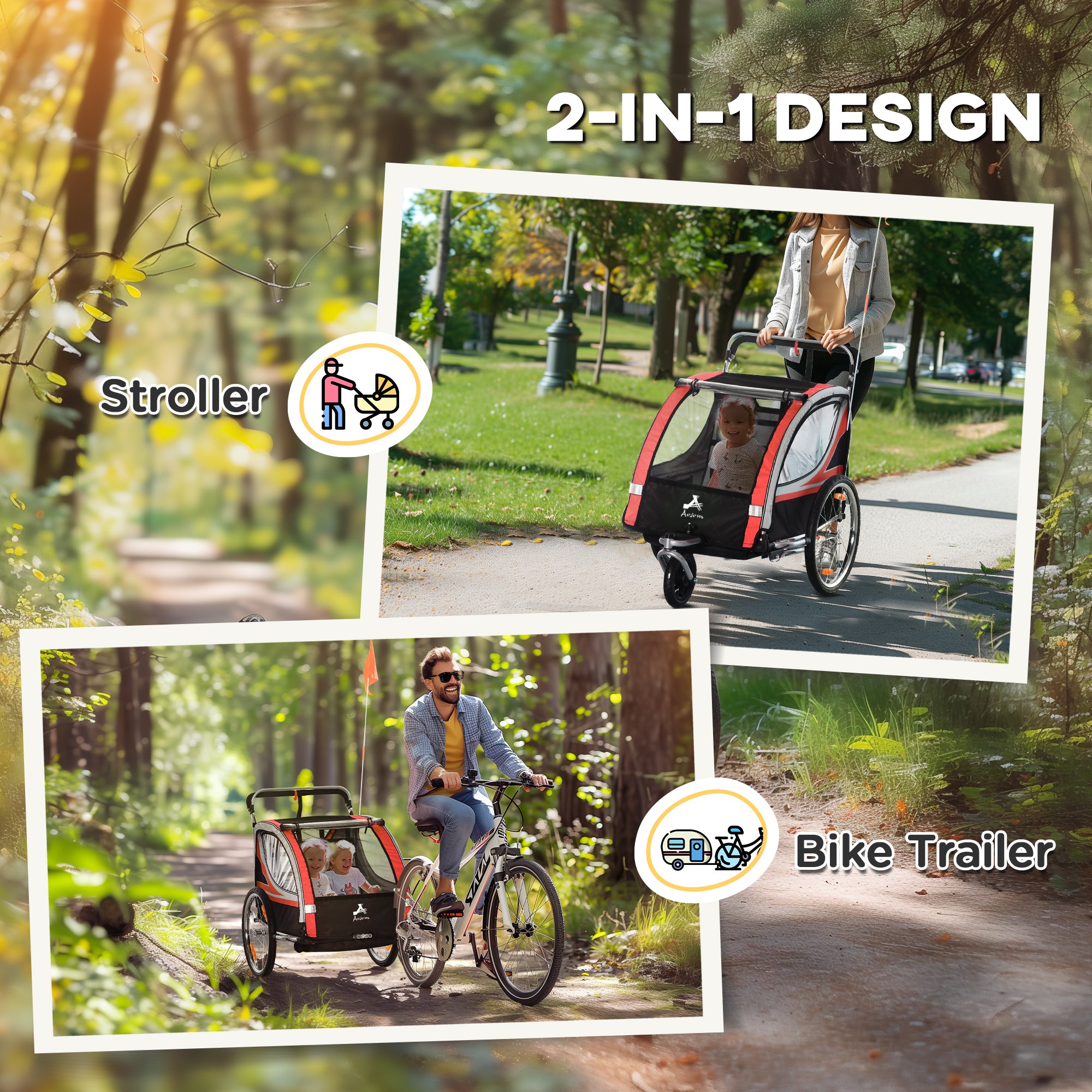 2-Seater Bike Trailer for Kids – Walk & Ride Baby Stroller